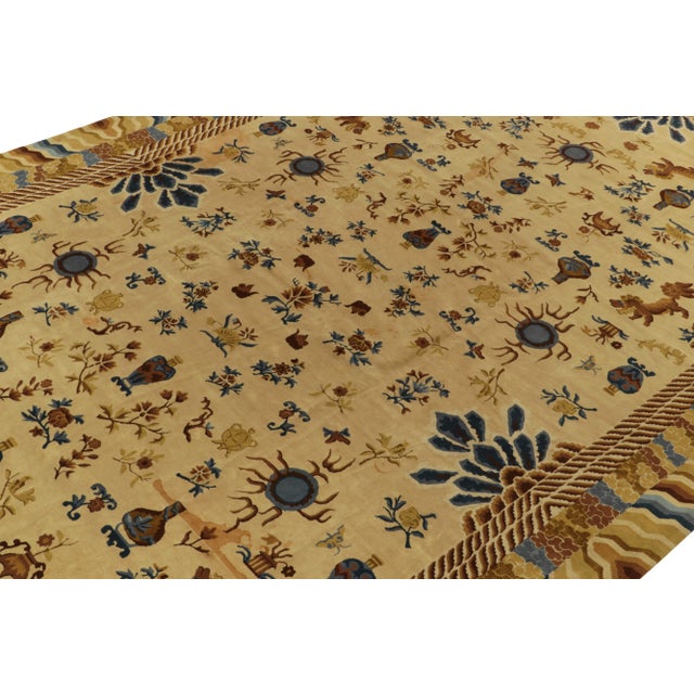 Rug & Kilim Antique Hooked Rug Gold, Blue and Beige-Brown Chinese Pictorial Style For Sale - Image 4 of 9