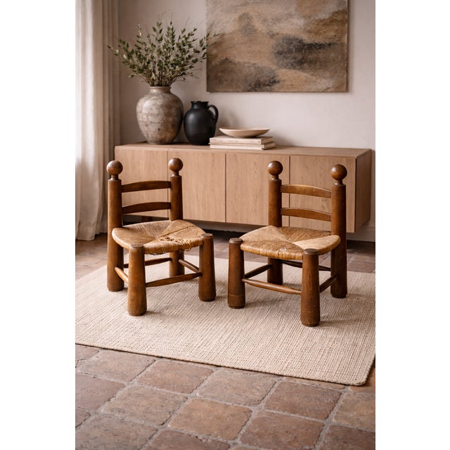 Low Brutalist Chairs in Oak and Straw attributed to Charles Dudouyt, France, 1940s, Set of 2 For Sale - Image 10 of 10