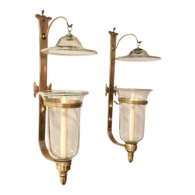 Vintage Chapman & Myers Style Brass and Glass Hurricane Wall Sconces – Pair of Mid-Century Lantern Candle Holders For Sale