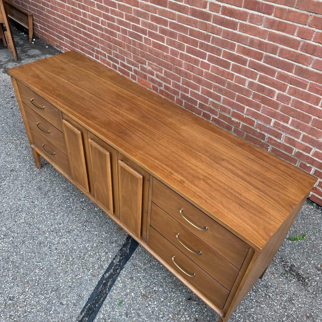 Mid 20th Century Vintage Broyhill Forward Walnut Lowboy Nine-Drawer Mid Century Dresser For Sale - Image 5 of 12