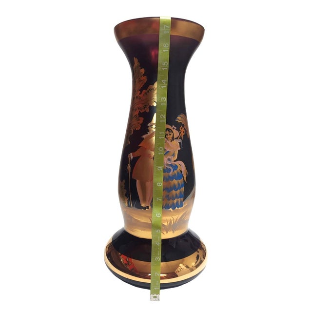 Hand Painted Purple Glass Vase Gilt Gold Regency Style Courting Couple Hearth Mantel Left Facing For Sale In Greensboro - Image 6 of 9