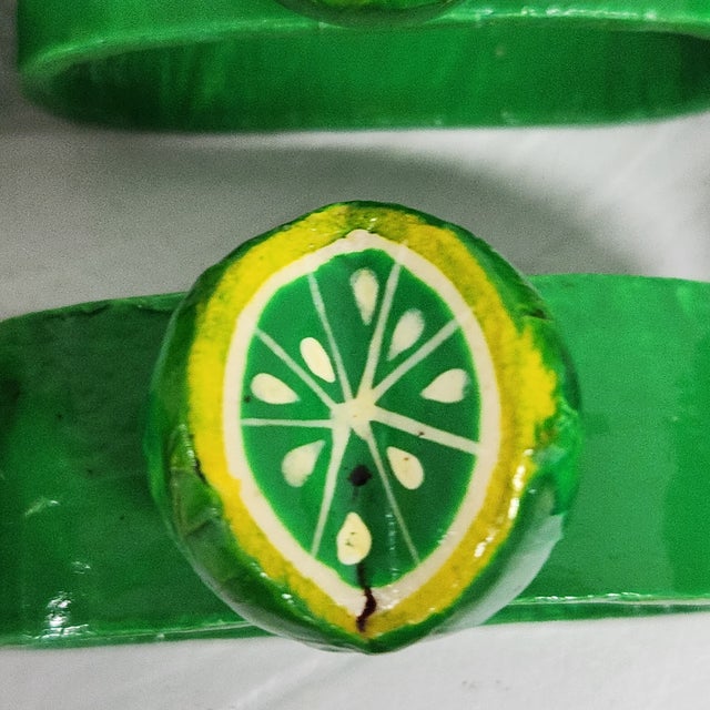 Vintage Lacquered Hand-Painted Papier Mâche Lime Napkin Rings, Set of 6 For Sale - Image 11 of 14