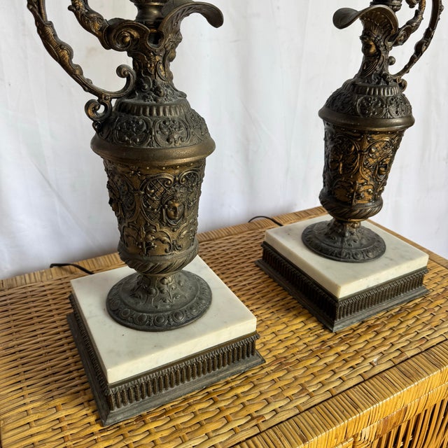 Antique French Bronze Ewer Converted Oil Lamps With Crystal Tops - A Pair For Sale - Image 4 of 11