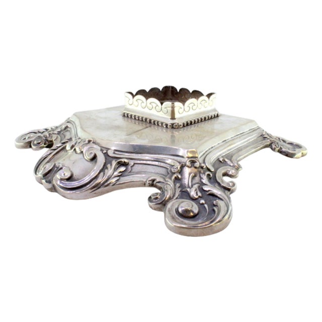 Embossed and Engraved Silver Inkwell with Shells, Pearly Frieze and Monogram Card For Sale