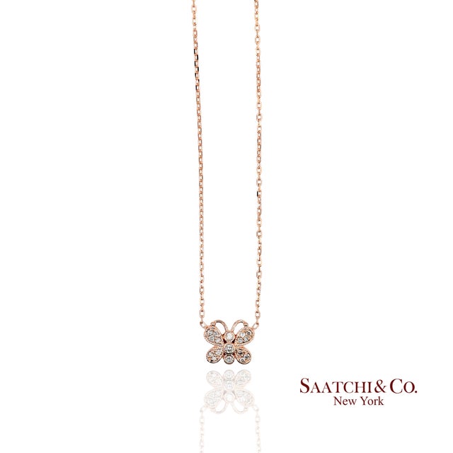14k(585) Rose Gold Natural Diamond Butterfly Pendant Necklace With Chain For Sale - Image 4 of 12