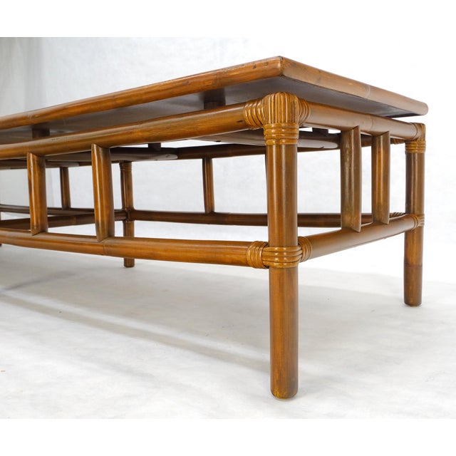 Mid Century c1970s Rattan Bamboo White Formica Top 72” Long Coffee Table MINT For Sale - Image 6 of 15