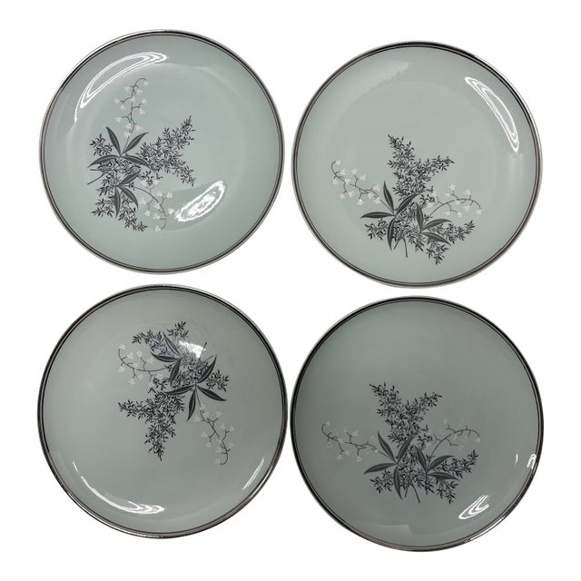 Mid 20th Century Celadon Green Lady Empire “Permacal” Dinner Plates – Set of 4 Botanical Silver Rim For Sale