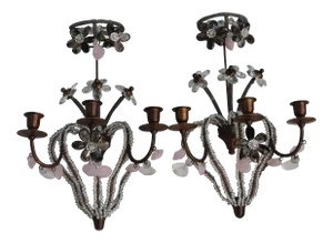 1940s French Art Deco Maison Bagues Style - Smokey Quartz Flowers & Rose Quartz Rock Crystal Sconces - a Pair