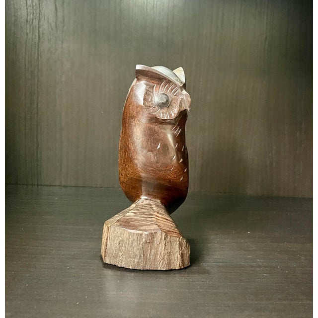 Mid-Century Modern 1970s Wooden Wise Owl Statue Carved From a Single Piece of Ironwood For Sale - Image 3 of 8