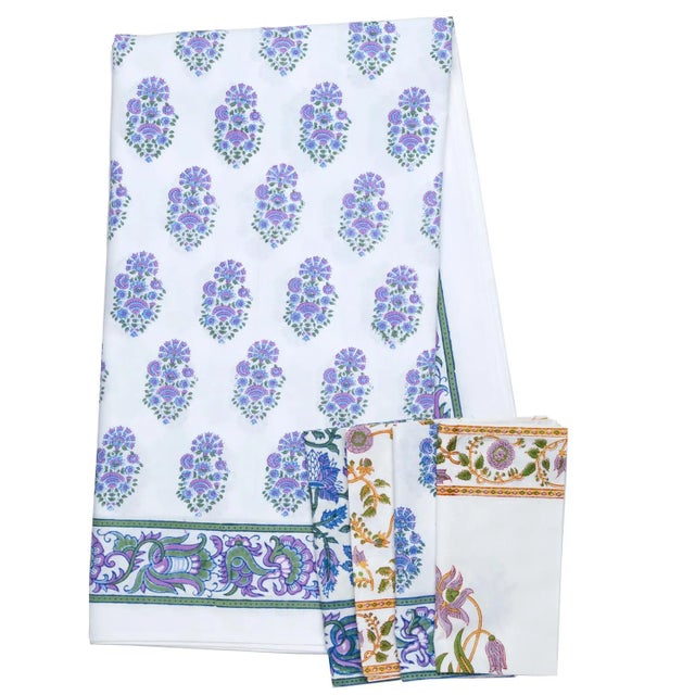 Contemporary Riya Tablecloth, 6-seat table - Lavendar & Blue For Sale - Image 3 of 4