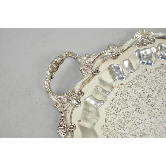 Vintage Victorian Silver Plated Round Scalloped Twin Handle Bar Serving Tray For Sale - Image 4 of 17