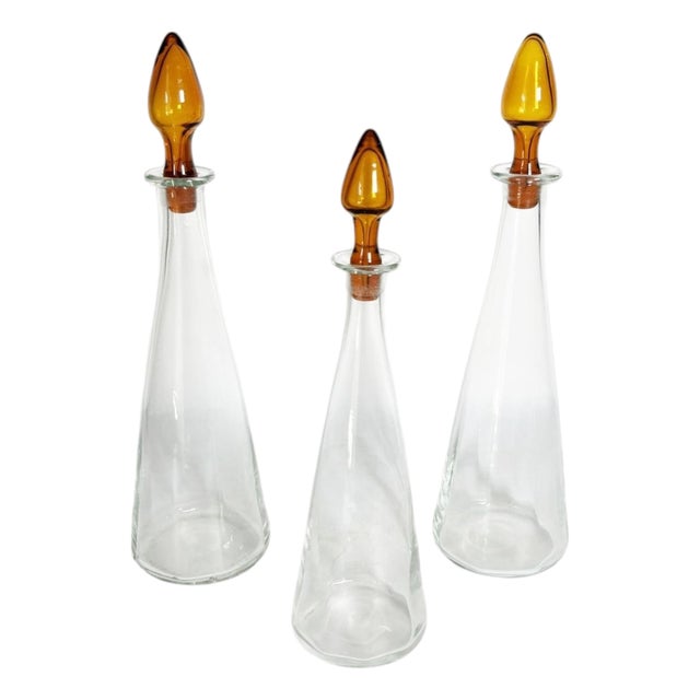 Vintage Art Glass Bottles with Orange-Brown Stoppers, France, 1970, Set of 3 For Sale