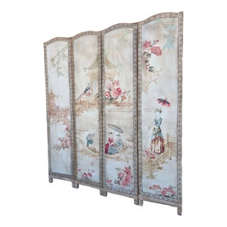 Vintage Four Panel French Chinoiserie Fabric Screen For Sale