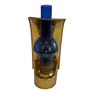 Vintage Brass Wall Oil Lamp Cobalt Blue Glass Chimney Wall Mount Sconce For Sale