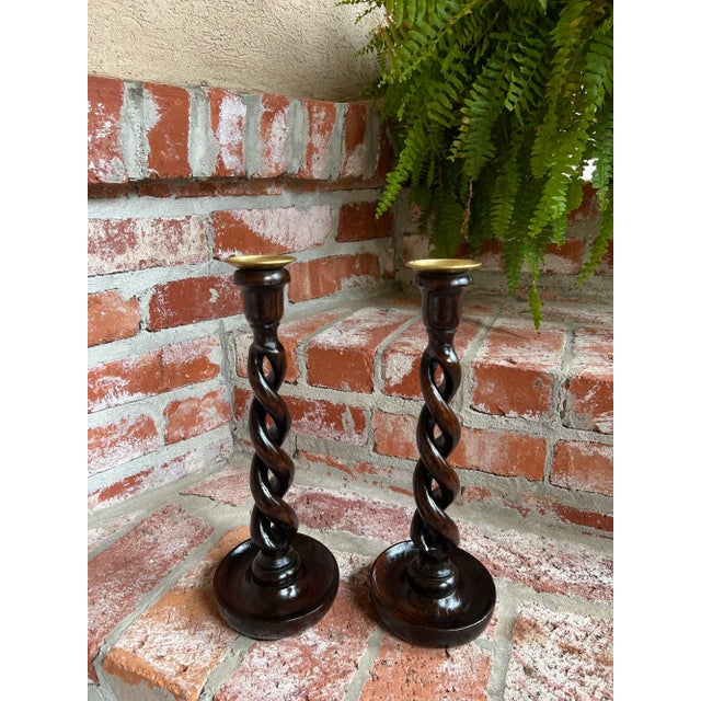Victorian Pair Set Antique English Oak Open Barley Twist Candlesticks Candle Holder Brass For Sale - Image 3 of 12