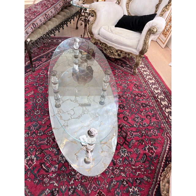 Coffee Vintage Hollywood Regency Two-Tier Oval Glass & Gilt Coffee Table For Sale - Image 8 of 10
