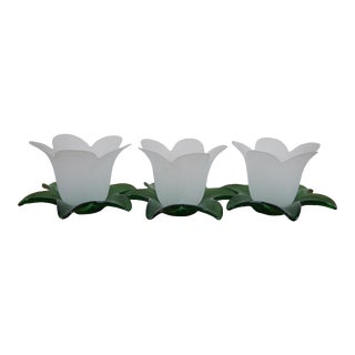 Mid 20th Century Studio Nova Portugal Frosted Glass White Tulip Votive Vase Candle Holders - Set of 3 For Sale