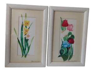 Mid 20th Century "Daffodils and Tulips" Watercolor Paintings by Patricia Schilling Stewart, Framed - a Pair