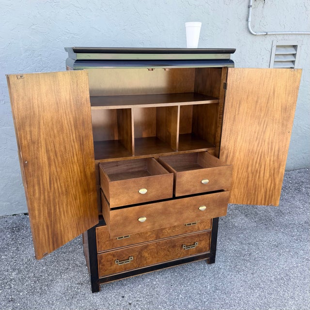 Vintage Chinoiserie Burlwood and Black Armoire With Brass Accents by Century Furniture For Sale In West Palm - Image 6 of 12