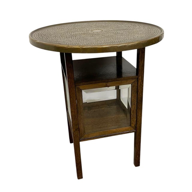 Mid-Century Modern Vintage Arts & Crafts Side Table With Hammered Brass Tray Top and Glass Display Cabinet For Sale - Image 3 of 11