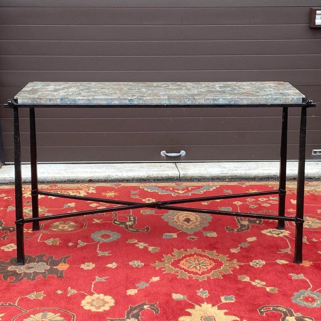 Contemporary Wrought Iron Tessellated Marble Top Console Table With X