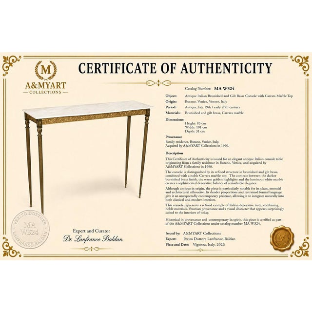 Metal Antique Italian Brunished and Gilt Brass Console with Carrara Marble Top, Venice, 1920s For Sale - Image 7 of 9