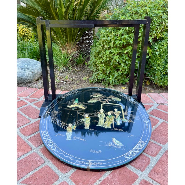 Vintage Asian Black Lacquer Folding Tray Table With Applied Carved Stone Figural Scene For Sale - Image 12 of 12