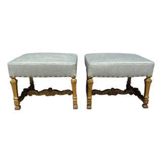 Pair of 19th Century Italian Carved Giltwood Ottomans Newly Upholstered in Linen For Sale