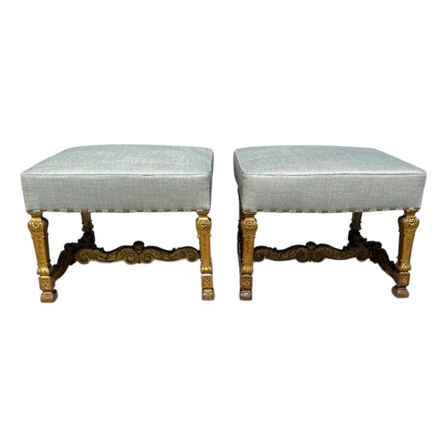 Pair of 19th Century Italian Carved Giltwood Ottomans Newly Upholstered in Linen For Sale