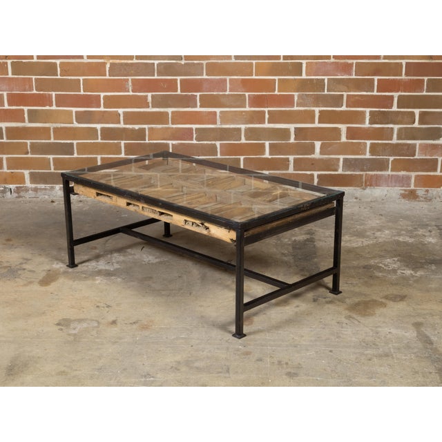 Contemporary Coffee Table Made with Antique Door Fragment on Custom Iron Base For Sale In Atlanta - Image 6 of 11