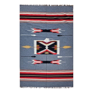 Vintage American Southwestern Kilim Rug, Handwoven Wool, Mythical Bird Pattern, Pale Blue & Ivory, 4x7 For Sale