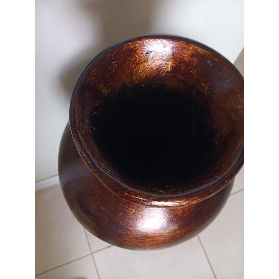 Mid-Century Modern 1980s Tall Decorative Ceramic Floor Vase Bronze Neck Textured Embossed Peacock-Feather and Geometric Pattern For Sale - Image 3 of 4
