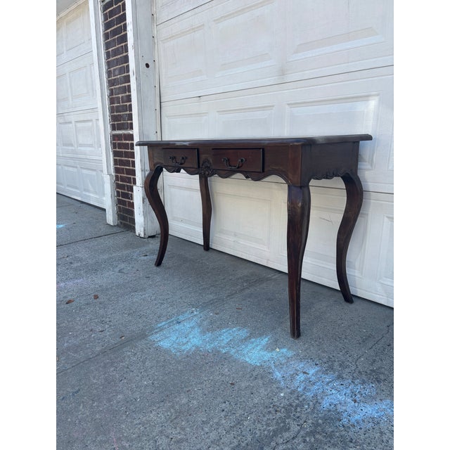 French Provincial Console Table, Louis XV Style Vanity Desk, Vintage Curved Leg Writing Table, Parquet Top Entryway Table, Solid Wood Table For Sale - Image 4 of 12