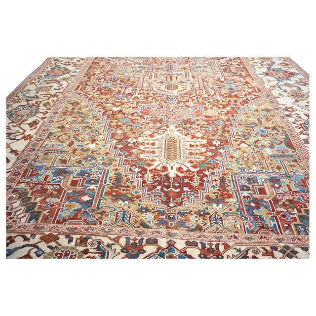 Antique Persian Heriz Wool 11X19 Rust, Ivory & Blue Handmade Area Rug #1140939 For Sale - Image 13 of 17