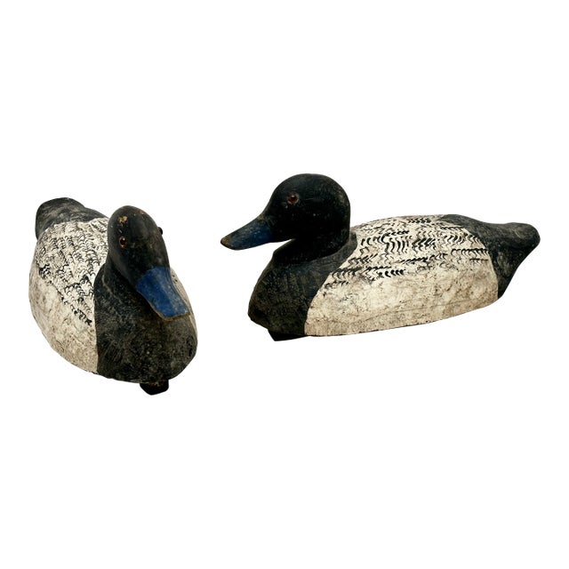 Nice Original Pair of Antique American Primitive Hand Carved & Painted Wood Duck Hunters Working Decoys Circa 1920s For Sale