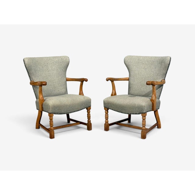 1950s Danish Cabinetmaker, Armchairs, Oak, Gray Wool, Denmark, 1950s For Sale - Image 5 of 12