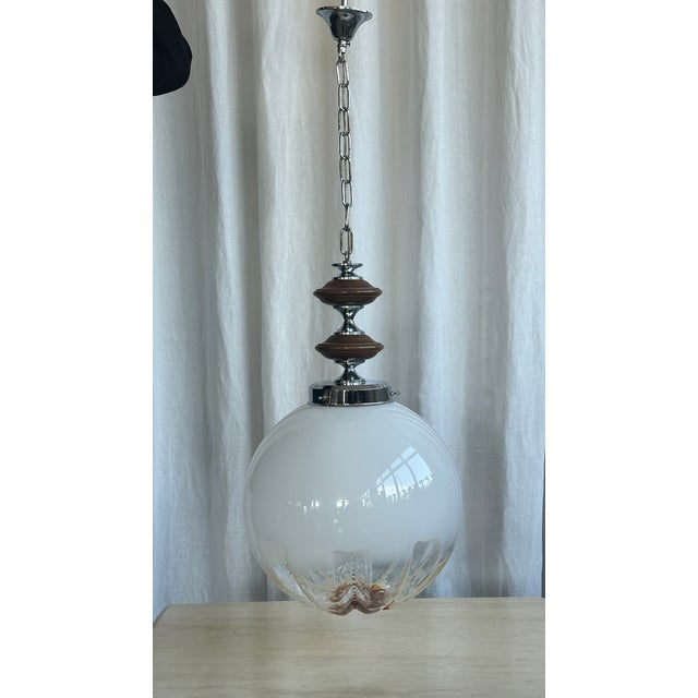AVMazzega Space Age Italian Sphere Murano Glass Pendant with Wood and Chrome attributed to Mazzega, 1970s For Sale - Image 4 of 18