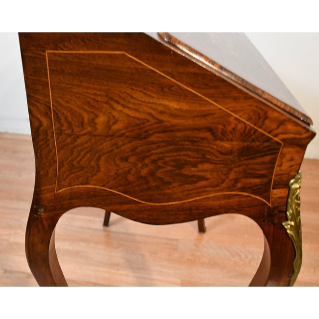 French 1880s Antique French Louis XV Walnut & Satinwood Inlay Secretary Ladies Desk For Sale - Image 3 of 18