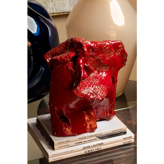 Abstract Sculpture in Red Glazed Ceramic and Gold Leaf by Giacinto Cerone, 1993 For Sale - Image 6 of 13