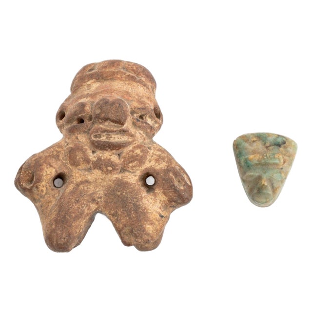 Mayan Pre-Columbian Pottery Figure & Stone Head, 2 For Sale