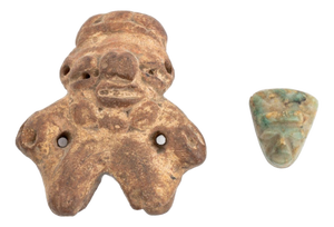 Mayan Pre-Columbian Pottery Figure & Stone Head, 2