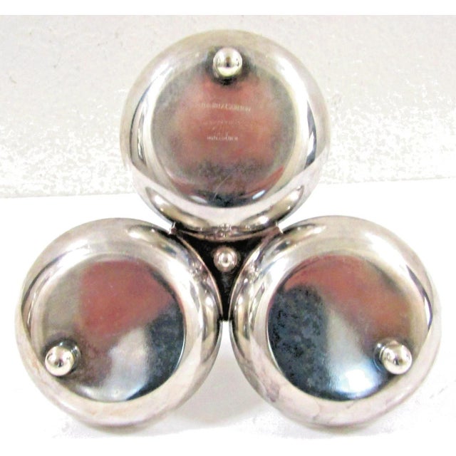 Silver Mid 19th Century London Ritz Carlton Gebruder Hepp Silverplate 18/10 Three Bowl Condiment Server For Sale - Image 8 of 9