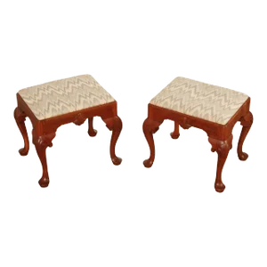 Custom Crafted Queen Anne Style Carved Walnut Stools - A Pair