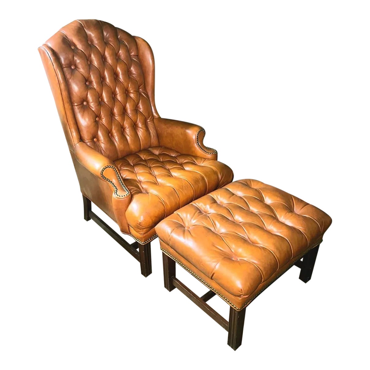 Vintage Leather Chesterfield Wingback Armchair and Matching Ottoman - 2 ...