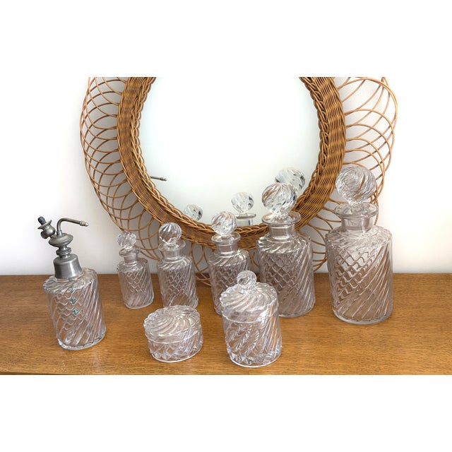 Antique and important white crystal toilet set from the Baccarat factory, Bambou Tors series, cylindrical shape. Early...