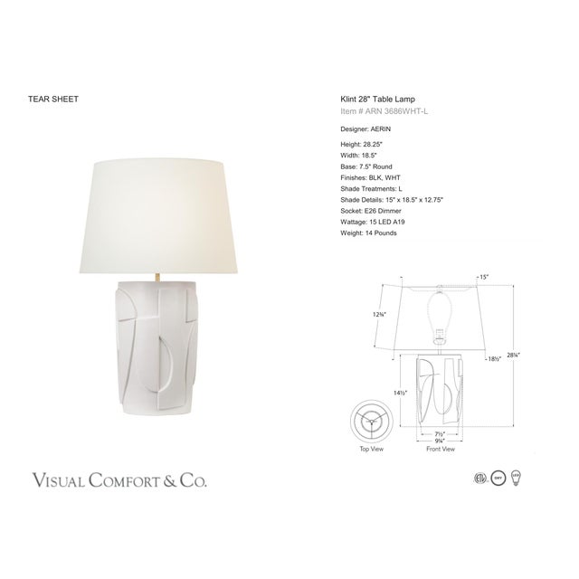 AERIN by Visual Comfort Signature Klint 28" Table Lamp in Matte White with Linen Shade Designer: AERIN Height: 28.25"...