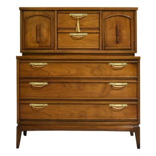 1960s Mid Century Modern Walnut Highboy Dresser by United Furniture For Sale