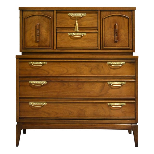 1960s Mid Century Modern Walnut Highboy Dresser by United Furniture For Sale