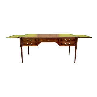 Antique Leather and Wood Desk With 2 Hidden Extension Leaves and Glass Top For Sale