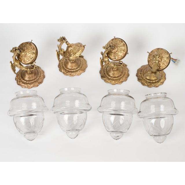 1950s Spanish Empire Cast Brass Dragon Sconces With Cut-Glass Acorn Shades - Set of 4 For Sale - Image 9 of 12